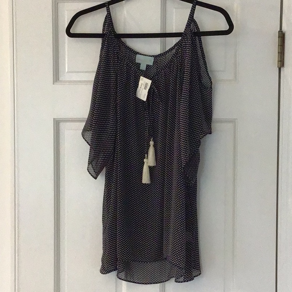 Chiffon Cold-Shoulder Polka Dot Top with Tassel Tie - Black
